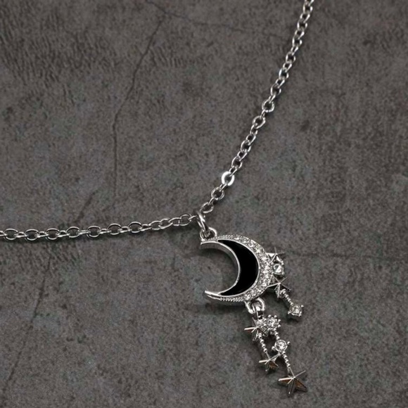 “Stars From the Moon” Black Sliver Crescent Dangling Stellar Celestial Necklace - Picture 2 of 6